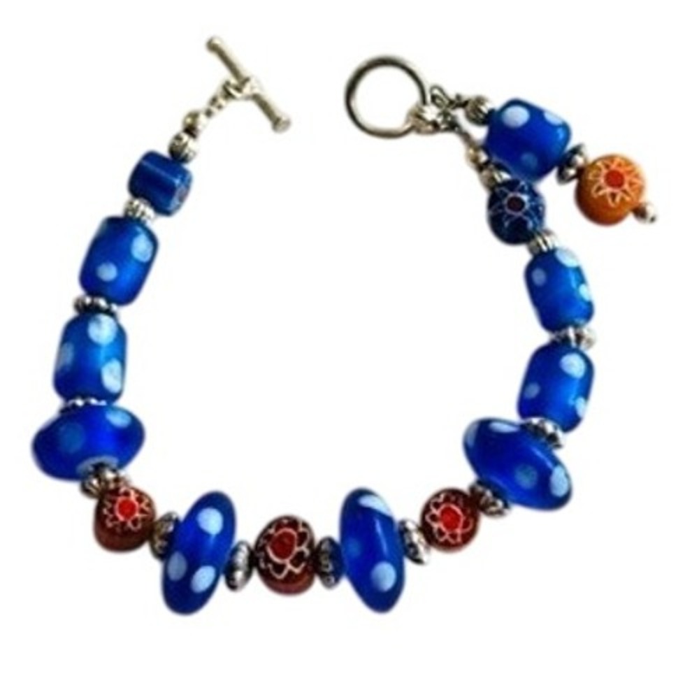 VTG Bracelet Murano Venetian Millefiori Art Glass cobalt Blue Polka dot Rare 7"L